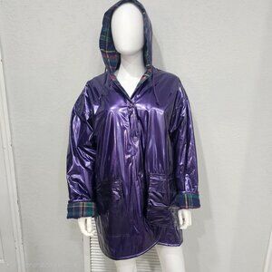 Vintage Wippette Rain Things Purple Vinyl Raincoat Plaid Lined Jacket Size Large